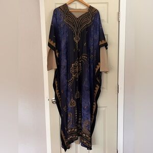 Artisan Navy Gold Beaded Kaftan Maxi Dress Boho Luxe Resort Wear OS